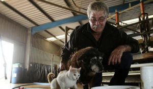 Maggie razem z właścicielem i kotkiem.